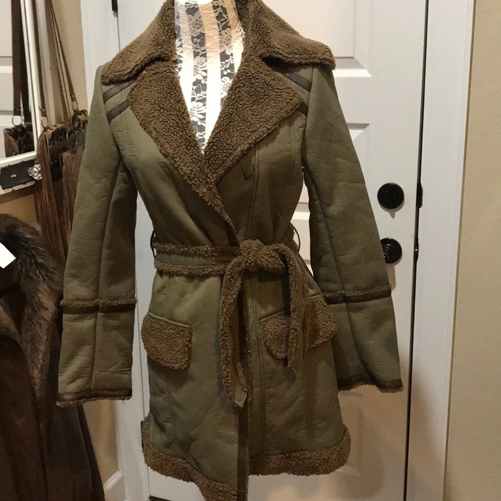 Olive Green and Brown Coat‎ with Faux Sherpa